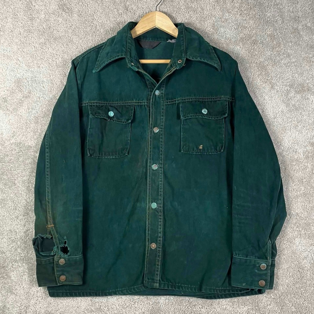 Vintage 70s JcPenney Mens Green Denim Jacket Distressed Workwear Shirt Jacket L